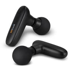 A compact handheld massager in black, featuring a rounded head and a curved handle. Includes a logo.