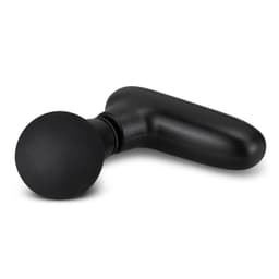 A compact handheld massager in black, featuring a round applicator and an ergonomic handle. It has a simple design and includes a logo.