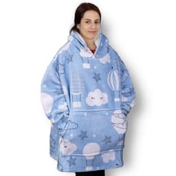 A blue blanket hoodie featuring cloud and balloon patterns, equipped with a front pocket and a hood.