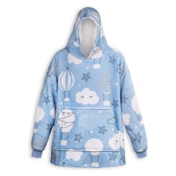 A blue blanket hoodie with a playful design featuring hot air balloons and clouds, complete with a hood.