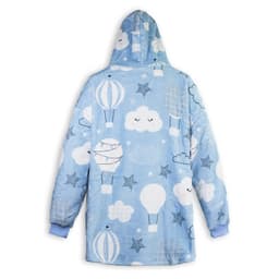 A blue blanket hoodie featuring cloud and hot air balloon patterns, with a hood and long sleeves. It has a logo.