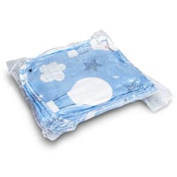 A blue patterned blanket hoodie is neatly packaged in transparent plastic. It features various designs and textures.