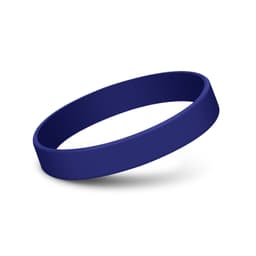 A blue silicone wristband with a smooth finish and circular design. It features a logo.