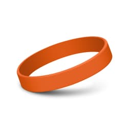 An orange silicone wristband displayed on a white background, featuring a smooth, rounded design.