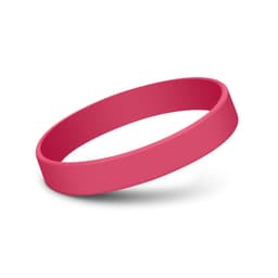 A pink silicone wristband with a smooth finish, featuring a branding logo.