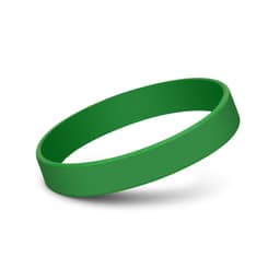 A green silicone wristband with a smooth finish, featuring a logo.