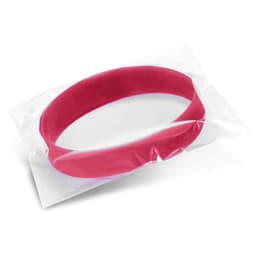 A red silicone wristband in a clear plastic packaging, featuring an embossed design and a logo.