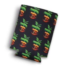 A drink bottle cooler featuring a black background with colourful apple designs and a branding logo.