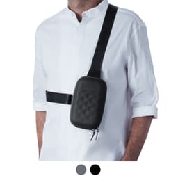 A black roll-top mini bag worn across a person’s body, featuring a quilted design and adjustable strap.