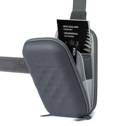 A grey Rollink Mini Bag Go with a passport and card visible inside, featuring a textured surface and a shoulder strap.