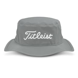 A grey bucket hat featuring a logo on the front and a wide brim for sun protection.