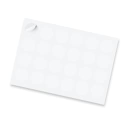 A sheet of glossy stickers featuring 44mm white circles, with one corner slightly peeled back.