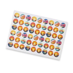 A sticker sheet featuring 26mm circle stickers with images of sunrises and sunsets in various colours.