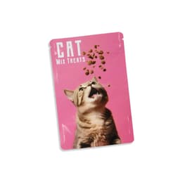 A foil stand-up pouch in pink, featuring a cat and cat treat graphics, with a logo on the front.