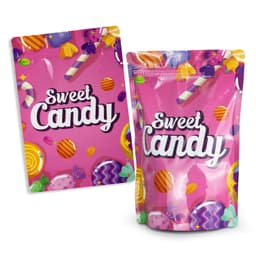 A medium foil stand-up pouch in pink with colourful candy graphics and a logo. Includes a flat pouch design.