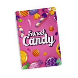 A medium foil stand-up pouch with a vibrant pink design featuring colourful candies and a logo.