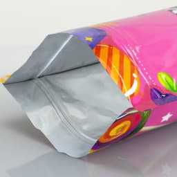 A medium-sized foil stand-up pouch in vibrant pink with colourful graphics and a silver interior.
