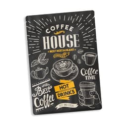 A large black foil stand-up pouch featuring coffee-themed illustrations and a logo.