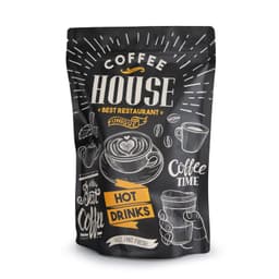 A large black foil stand-up pouch featuring coffee-themed graphics and a logo.