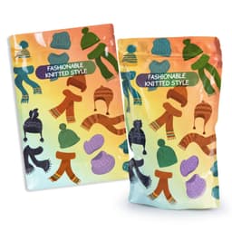 Two extra-large foil stand-up pouches in vibrant colours, featuring various knitted hats and scarves. Each pouch has a logo.