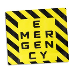 A large flat bottom pouch in yellow with black caution stripes and an emergency-themed design, featuring a logo.