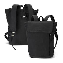 A black canvas backpack with adjustable straps and a front zipper pocket. It features a logo on the tag.
