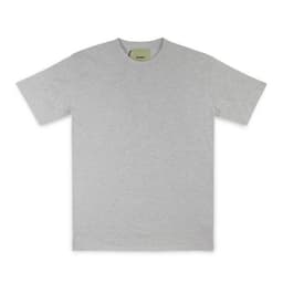 A grey t-shirt with short sleeves and a brand logo on the neckline.