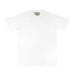 A white essential tee with a round neckline and short sleeves, featuring a logo on the inner label.