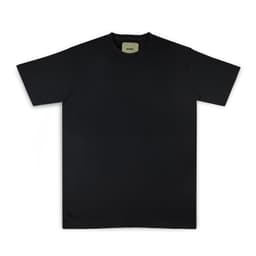 A black essential t-shirt with a crew neckline, featuring a label inside and a logo on the front.
