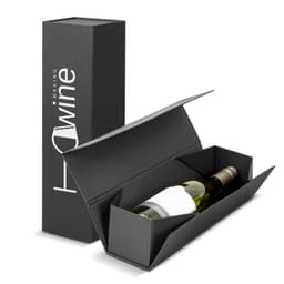 A wine bottle in a sleek black gift box, featuring a minimalist design and an interior cradle for protection.