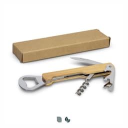 A wooden wine waiters knife with a stainless steel corkscrew and bottle opener, displayed with a brown cardboard box.