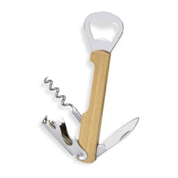 A wooden wine waiters knife featuring a bottle opener, corkscrew, and knife with a silver finish.