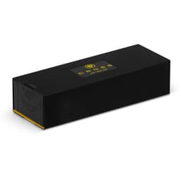 A black rectangular box with a yellow interior, featuring a logo on the top.