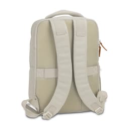 A beige backpack featuring mesh fabric, padded shoulder straps, and a top handle. It has an understated design and a logo.
