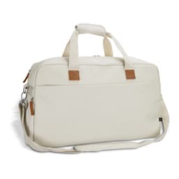 A cream-coloured duffle bag with a detachable shoulder strap and leather accents, featuring top handles and zip closure.