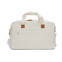 A cream duffle bag with tan accents, featuring a zippered front pocket and sturdy handles.