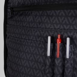 A black backpack interior featuring multiple pockets, including three pen holders and a zippered compartment.