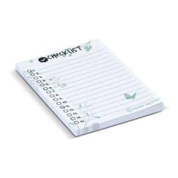 A recycled sticky pad in white with green floral designs, featuring 50 sheets and a checklist format.