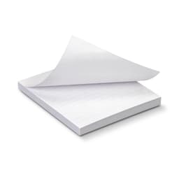 A stack of white recycled sticky pads, measuring 70 x 75mm, featuring 50 sheets with a corner sheet lifted.