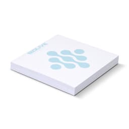 A white sticky pad with a light blue design, containing 100 sheets, featuring a logo.
