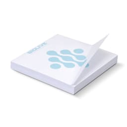 A stack of white sticky notes, featuring a blue graphic and logo on the cover, with one note slightly lifted.