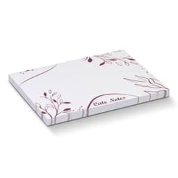 A white sticky pad featuring a floral design, containing 50 sheets and measuring 100 x 75mm. It has a logo.