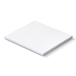 A white sticky pad with a square shape, measuring 70 x 75mm, featuring 25 sheets. There is a logo on the pad.