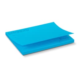 A stack of blue sticky pads measuring 100 x 75mm with 50 sheets. Includes a logo on the side.