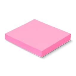 A pink sticky pad measuring 70 x 75mm, containing 100 sheets. It has a smooth, flat surface with a white base.