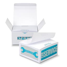 A white box with a blue logo and graphics, including terms related to car service, partially opened.