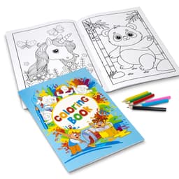 An A4 custom cover colouring book with illustrated pages, accompanied by colourful pencils. Features a logo on the cover.