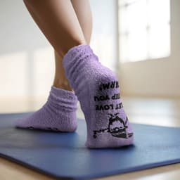 Fluffy grip socks in light purple, featuring a soft texture and a logo on the back, positioned on a yoga mat.