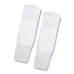 Fluffy white grip socks with a textured surface, featuring a logo on one side.
