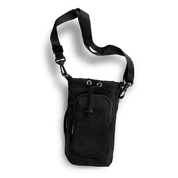 A drink bottle bag in black with a shoulder strap, featuring a front pocket and drawstring closure.